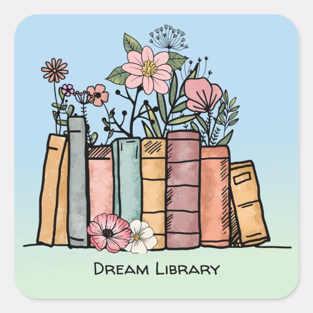 Sticker Carré Livres et fleurs sauvages bibliothèque de rêve per (Devant)