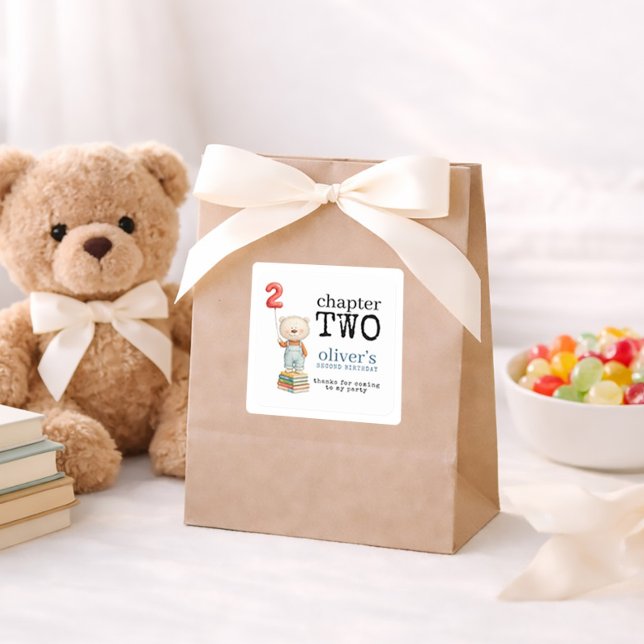 Sticker Carré Livres Ourson Chapitre Deux Garçon 2e Anniversaire (Créateur téléchargé)