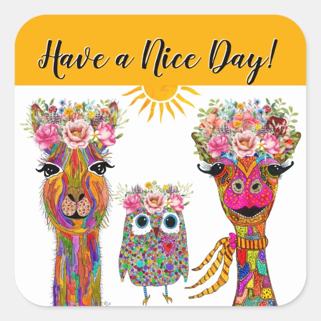 Sticker Carré Llama, hibou et girafe (Devant)