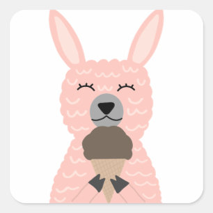 Sticker Carré Llama Rose Cute Manger Crème De Glace