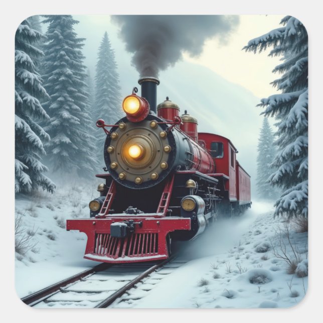 Sticker Carré Locomotive à vapeur vintage hiver (Devant)