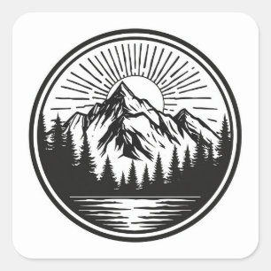 Sticker Carré Logo Aventure Montagne Badge Camping Extérieur