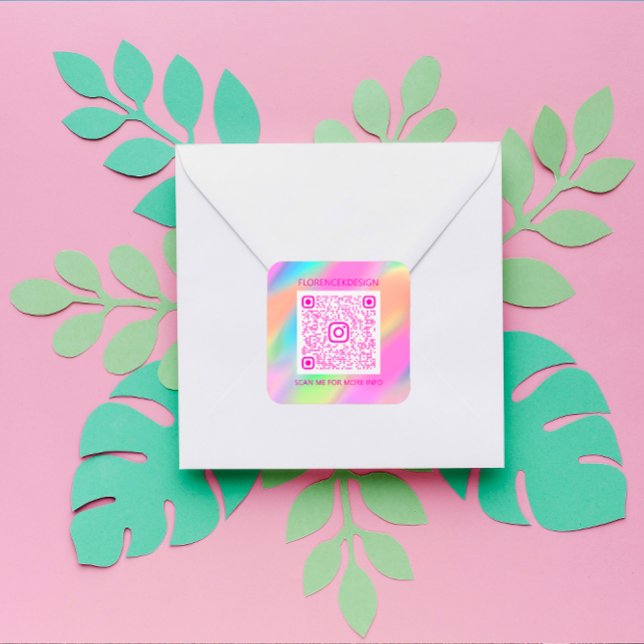 Sticker Carré Logo de code QR personnalisé Magasiner Holographe  (Custom QR Code Logo Shop Holograph Pink Square Sticker)
