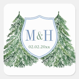 Sticker Carré Logo De Mariage D'Hiver Élégant Forêt Bleue Et Ver