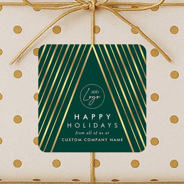 Sticker Carré Logo d'entreprise Green Gold Christmas Tree (Elegant corporate business logo festive stickers in green & faux gold with Christmas tree design)