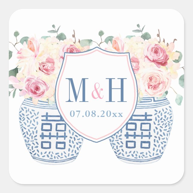 Sticker Carré Logo du Mariage Rose Blush Pink et Navy Chinoiseri (Devant)