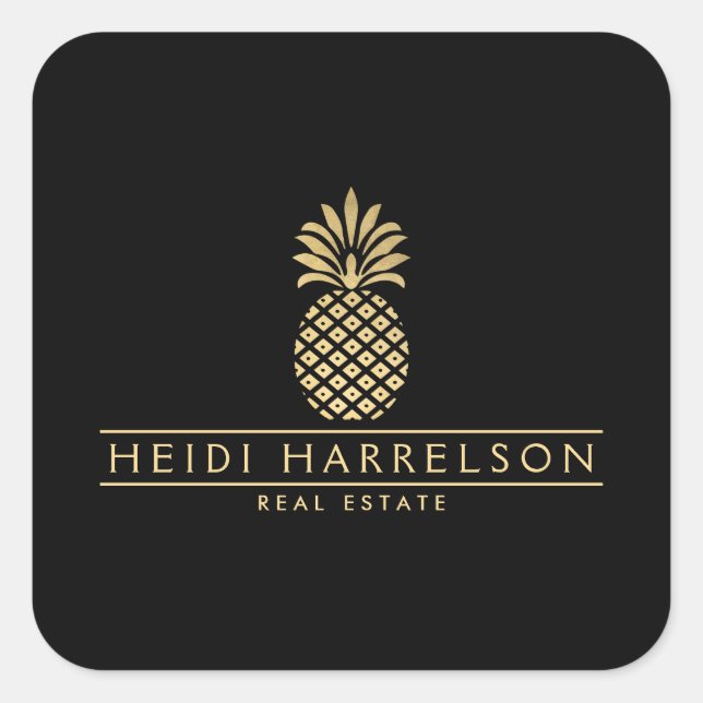 Sticker Carré Logo élégant en ananas doré sur noir (Devant)