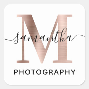 Sticker Carré Logo M Monogramme Élégant Rose Gold Signature