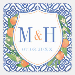 Sticker Carré Logo Mariage Citrus; Oranges Avec Carreaux Bleus