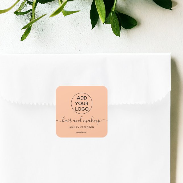 Sticker Carré Logo noir pêche simple typographie maquillage chev (Logo black peach simple typography hair makeup square sticker)