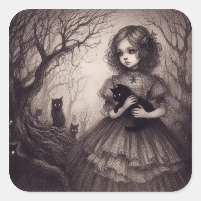 Sticker Carré Lolita gothique avec des chatons noirs en forêt Éf (Devant)