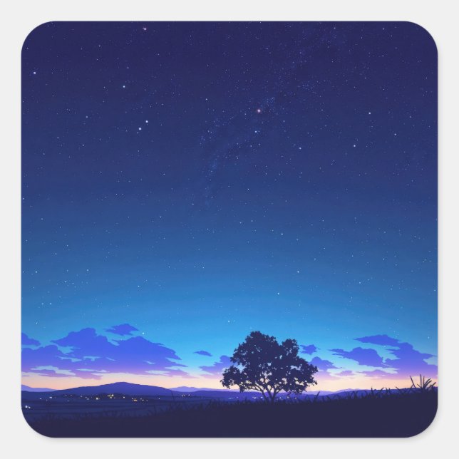 Sticker Carré Lonely Tree Silhouette Under Starry Night Sky (Devant)