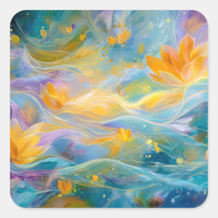 Sticker Carré Lotus dorés abstraits fleurs flottantes
