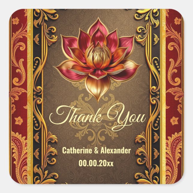 Sticker Carré Lotus flower mariage hindi faveurs or bordeaux (Devant)