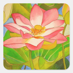 Sticker Carré Lotus rose nénuphar aquarelle peinture