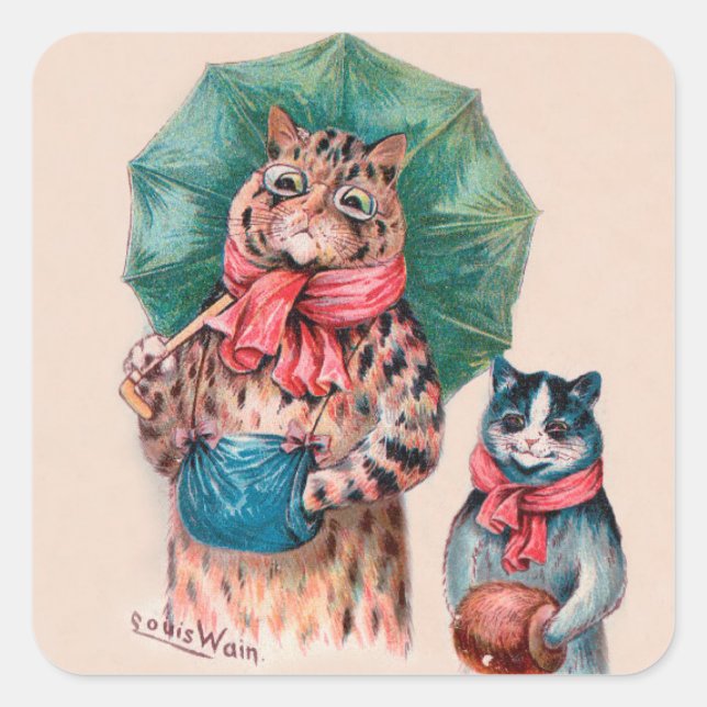 Sticker Carré Louis Wain's Cat and Kitten With Umbrellas (Devant)