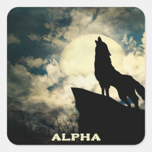 Sticker Carré Loup Alpha Hurleur à la pleine lune 