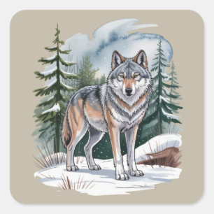 Sticker Carré Loup d'hiver rétro à l'aquarelle 90's Nature sauva