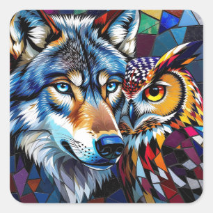 Sticker Carré Loup et Hibou Vibrants et Colorés