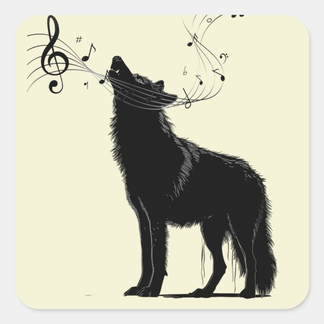 Sticker Carré Loup hurlant Musique Notes Animal drôle  (Devant)