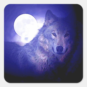 Sticker Carré Loup, Lune et Nuit Bleue