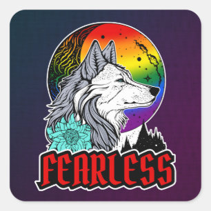Sticker Carré Loup sous la lune dans les couleurs du drapeau arc