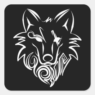 Sticker Carré Loup tribal noir et blanc