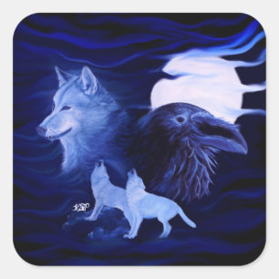 Sticker Carré Loups et corbeau avec pleine lune
