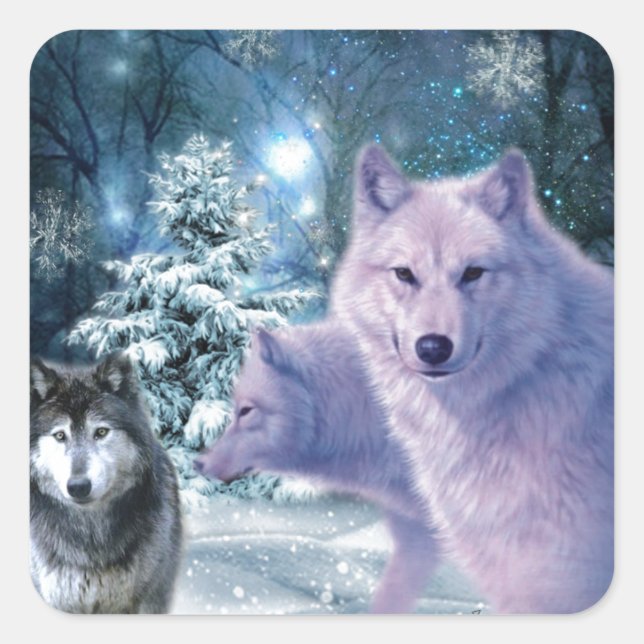 Sticker Carré Loups sauvages majestueux dans la forêt (Devant)
