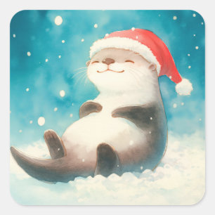 Sticker Carré Loutre de dessin animé mignonne portant un chapeau
