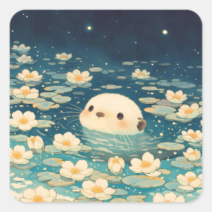 Sticker Carré Loutre Magique de Nuit dans un Étang de Lotus Étoi