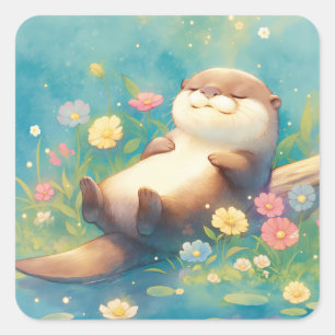 Sticker Carré Loutre se détendant sur une bûche avec des fleurs