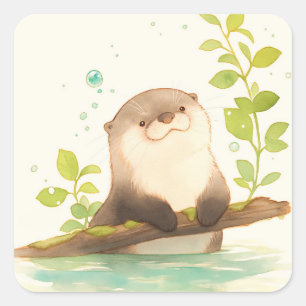 Sticker Carré Loutre sur la Dérive du Rêve en Bois Flotté