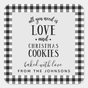 Sticker Carré Love and Christmas Cookies Black & White Plaid