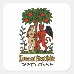 Sticker Carré Love at First Bite - Medieval Devil & Eve Meme