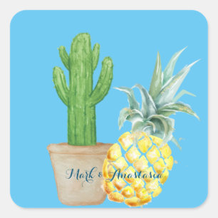 Sticker Carré Love Blue Pineapple and Cactus