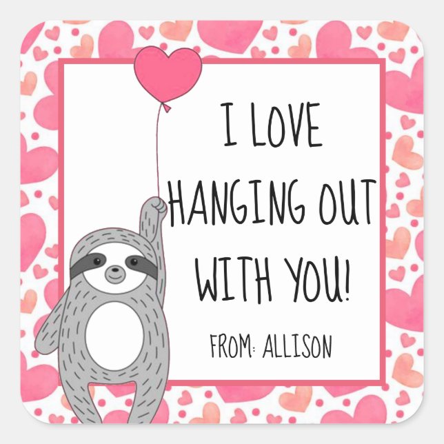 Sticker Carré Love Hangout Jote Sloth Kids Class Valentine (Devant)