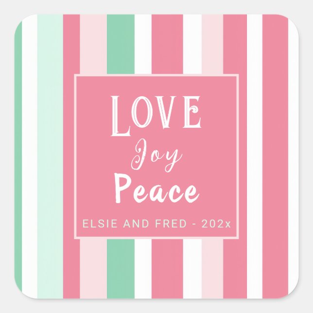 Sticker Carré "Love Joy Peace" Tailles de menthe rose (Devant)