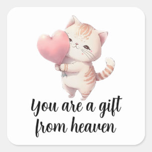 Sticker Carré Love Kitten Valentines Coeur rose Aquarelle Chat