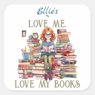 Sticker Carré Love me Love my books Stack Bookplate