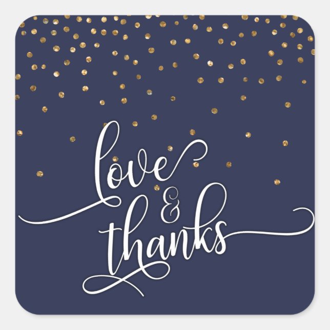 Sticker Carré Love & Merci Script, Gold Confetti et Navy Blue (Devant)