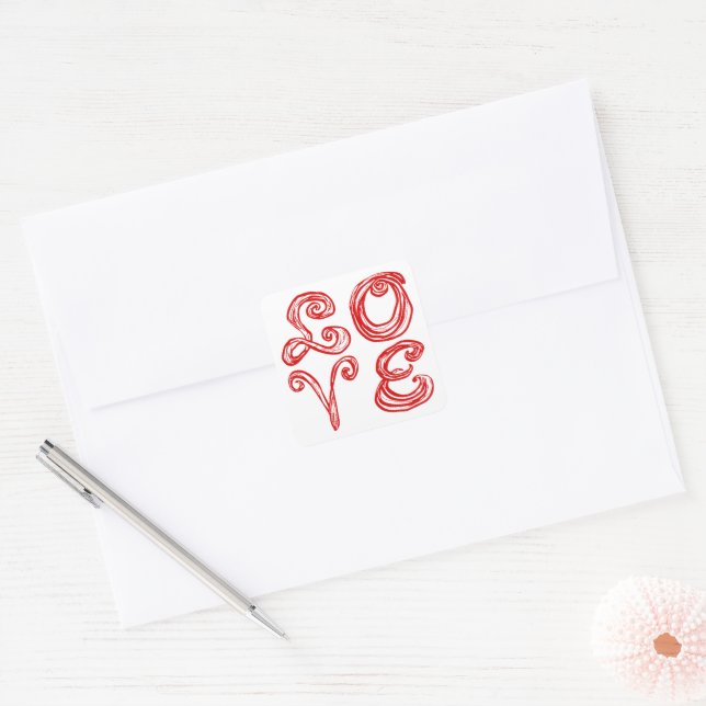 Sticker Carré LOVE mot art tissu police lettres rouges (Enveloppe)