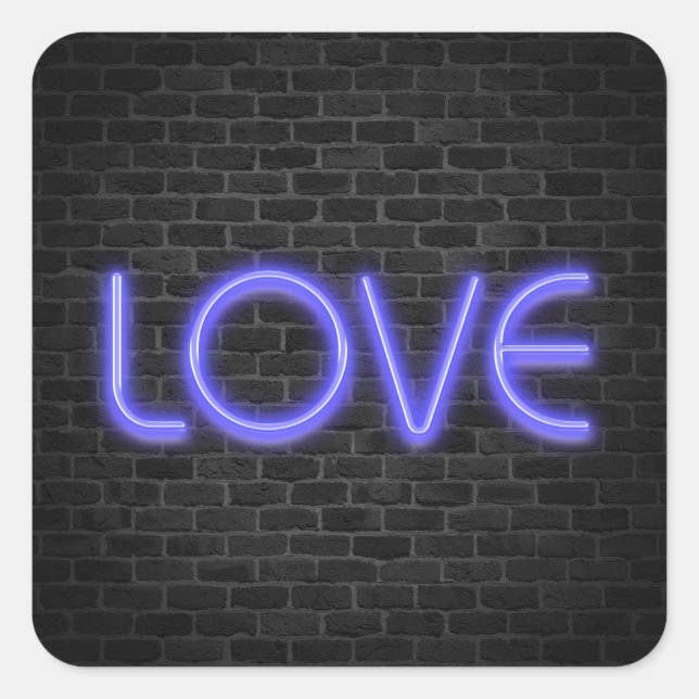Sticker Carré LOVE texte dans les néons lumières sur brique (Devant)