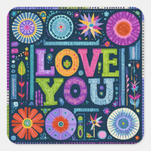 Sticker Carré Love You, design vintage coloré,