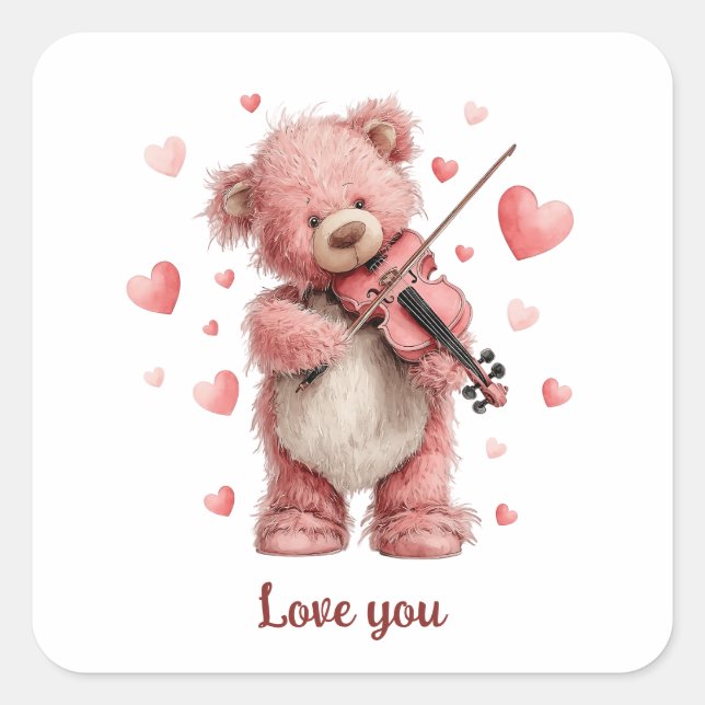 Sticker Carré Love You Teddy with Violin (Devant)