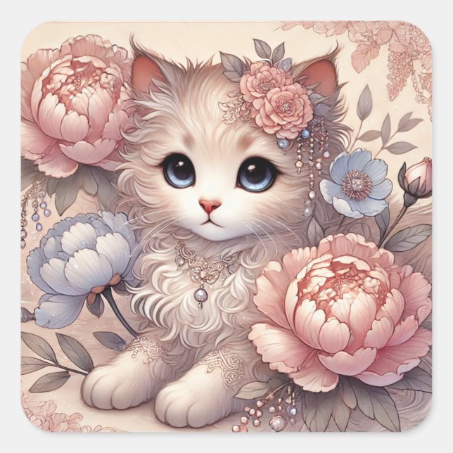 Sticker Carré Lovely Peony Princess Cat (Devant)