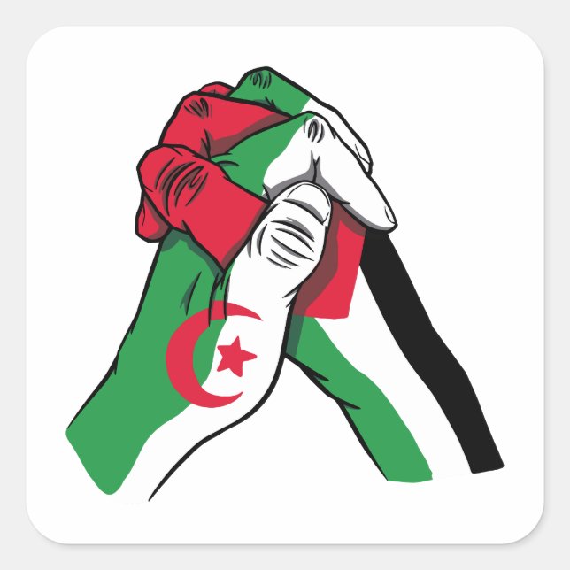 Sticker Carré loving handshake between palestine and algeria (Devant)