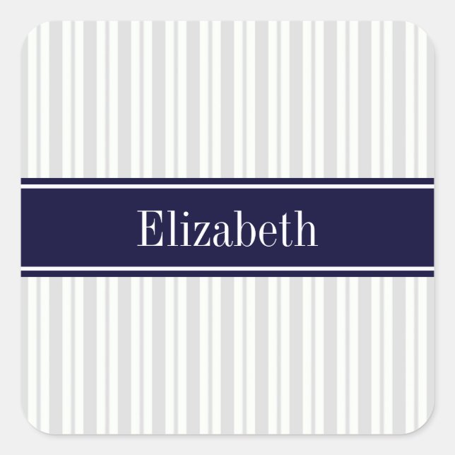 Sticker Carré Lt Gray Wht Uneven Stripe Navy Blue Name Monogram (Devant)