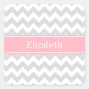 Sticker Carré Lt Grey White Chevron Zigzag Pink Nom Monogramme