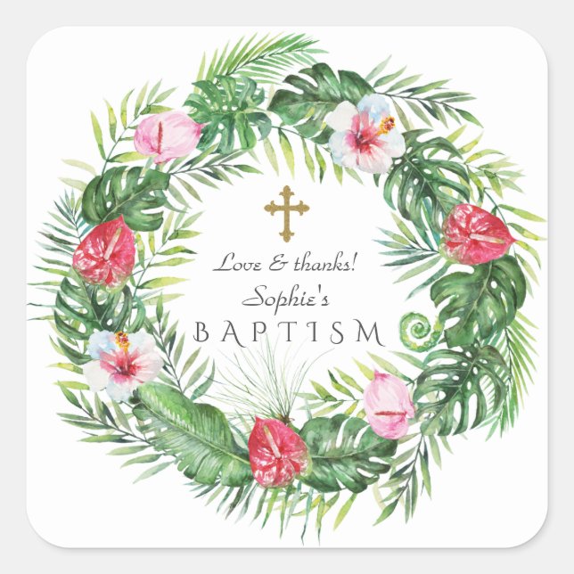 Sticker Carré Luau Hawaiian Fleurs Tropicales Wreath Baptism (Devant)